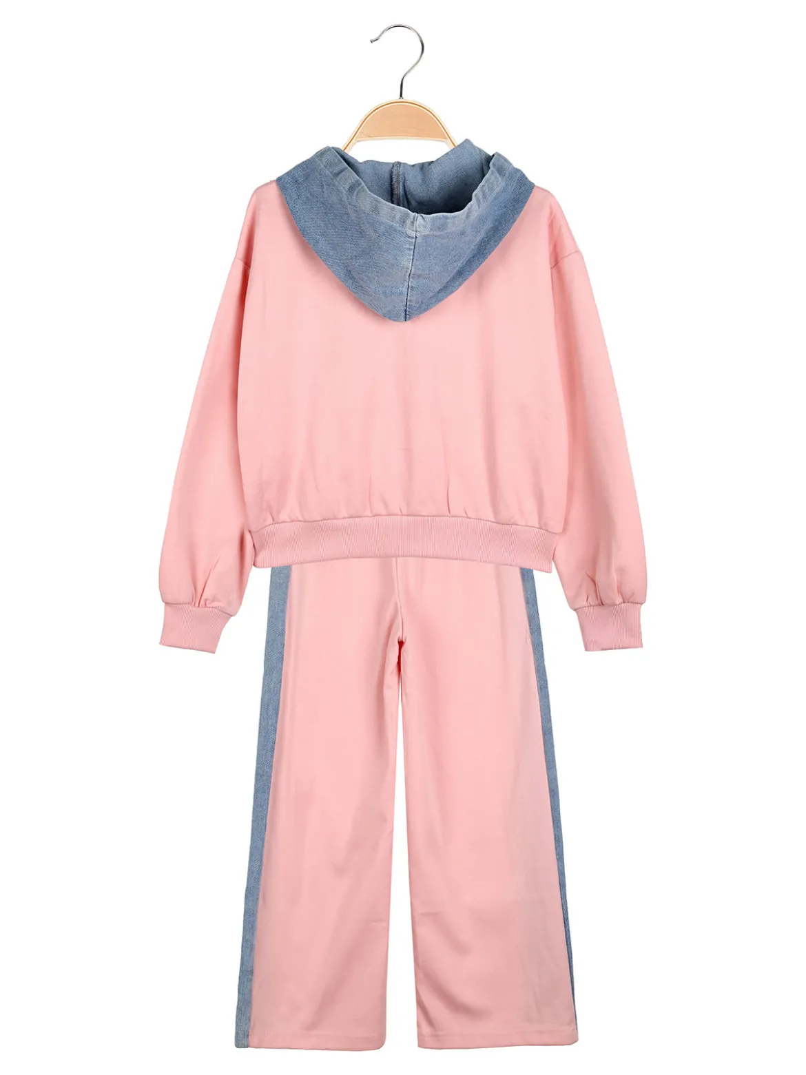 Miss Bellina Completo 2 pezzi da bambina a gamba larga con cappuccio in jeans e zip - rosa