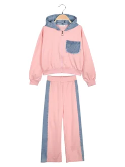 Miss Bellina Completo 2 pezzi da bambina a gamba larga con cappuccio in jeans e zip - rosa