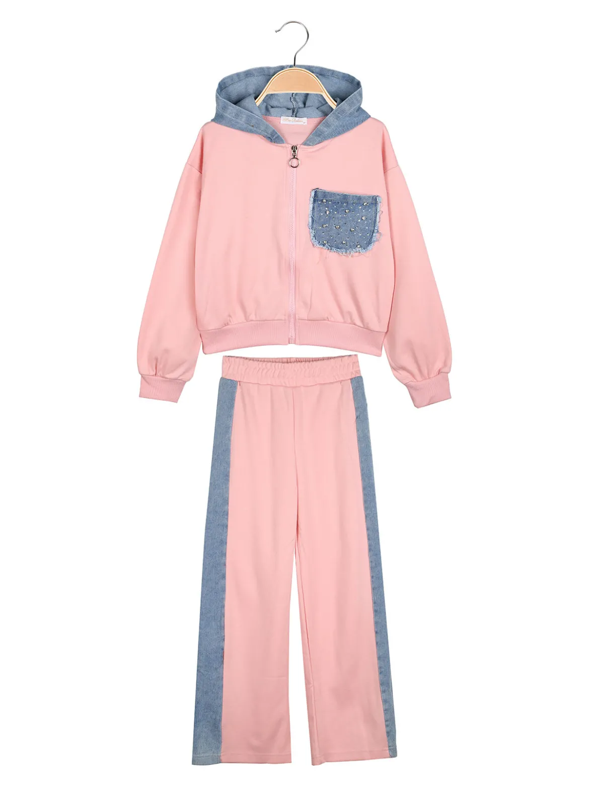 Miss Bellina Completo 2 pezzi da bambina a gamba larga con cappuccio in jeans e zip - rosa