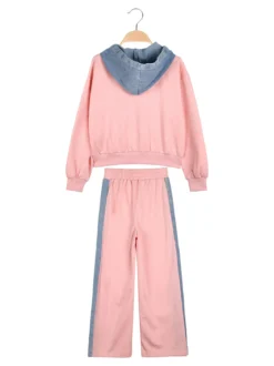Miss Bellina Completo 2 pezzi da bambina a gamba larga con cappuccio in jeans e zip - rosa