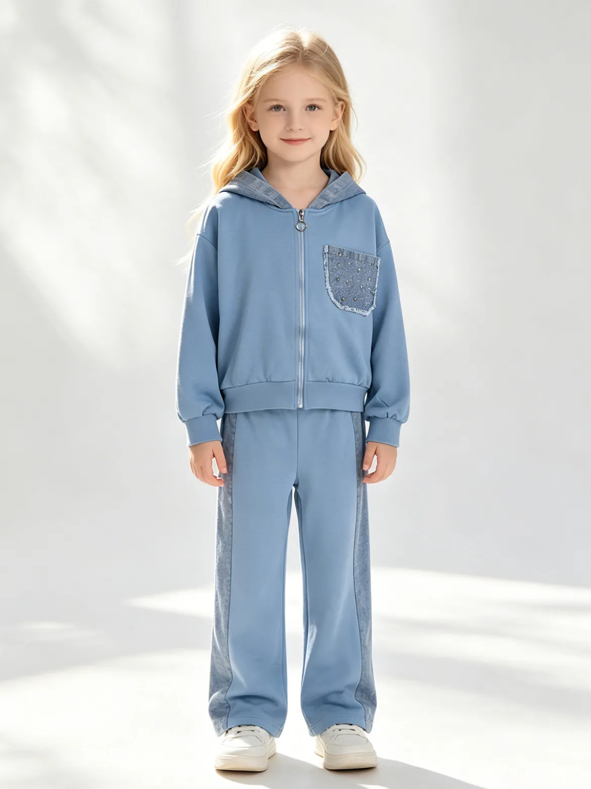 Miss Bellina Completo 2 pezzi da bambina a gamba larga con cappuccio in jeans e zip - azzurro