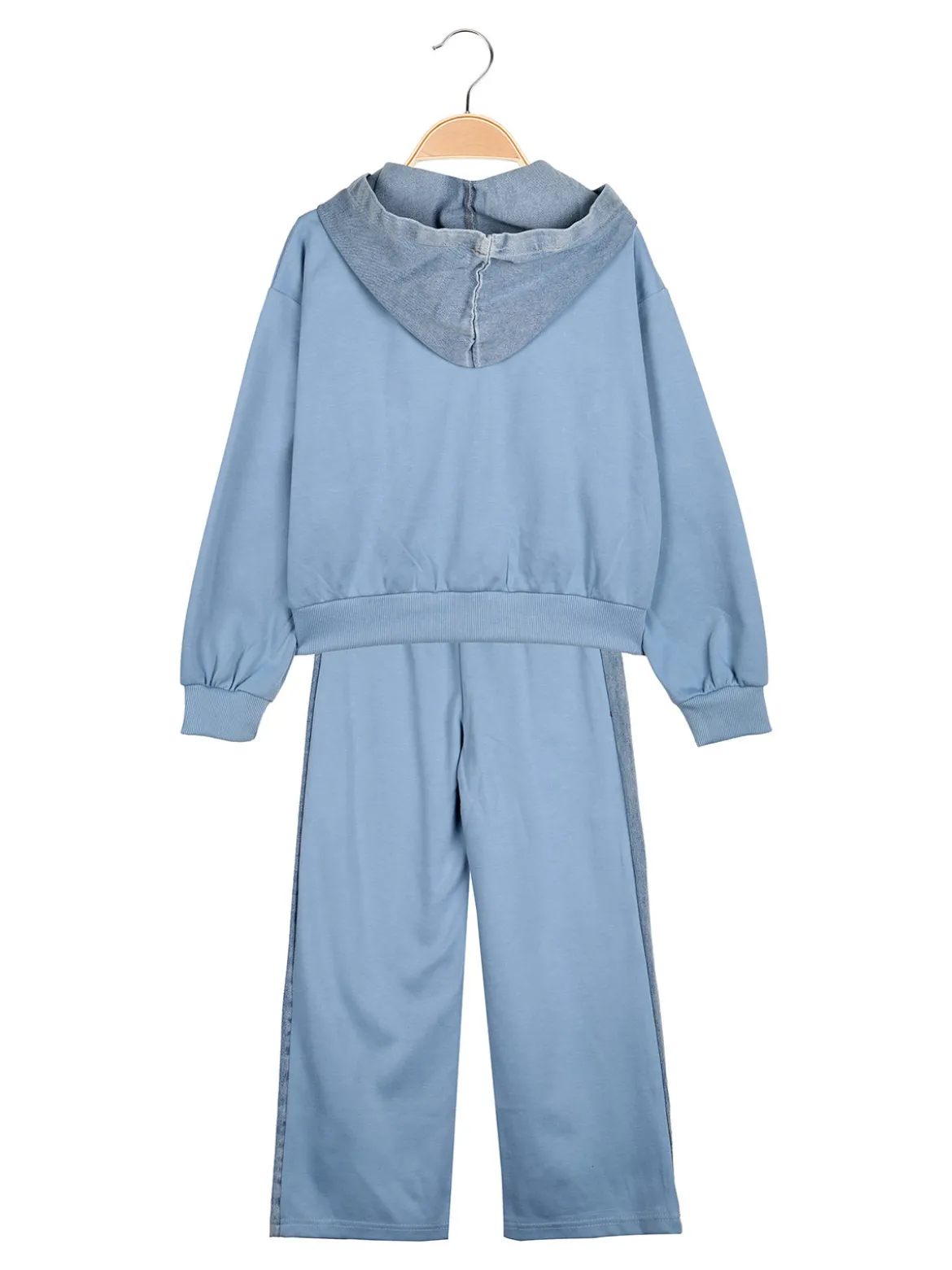 Miss Bellina Completo 2 pezzi da bambina a gamba larga con cappuccio in jeans e zip - azzurro