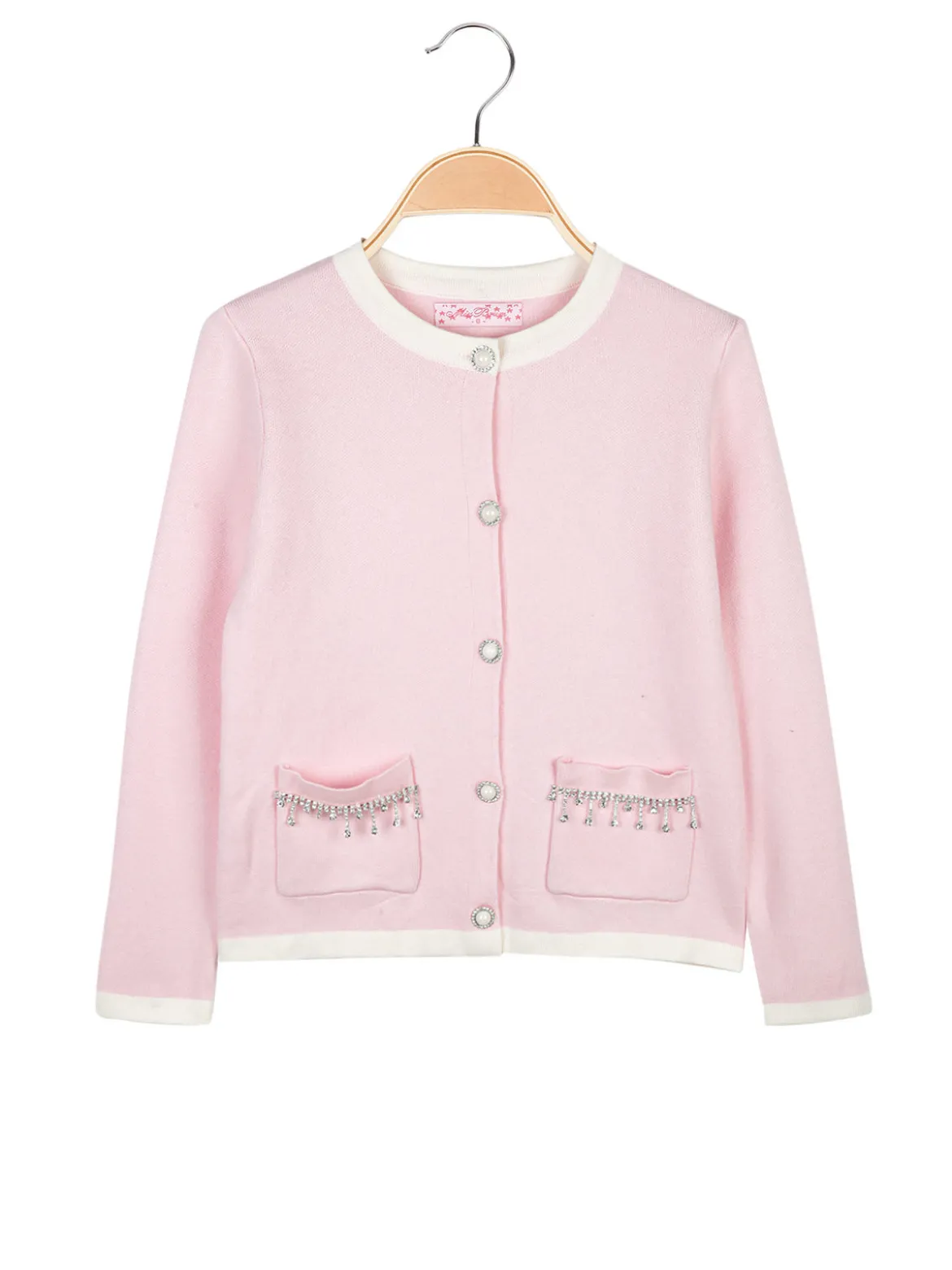Miss Brum Cardigan da bambina in maglia con bottoni gioiello e taschini