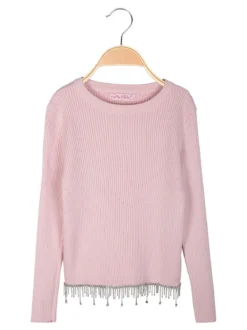 Miss Brum Pullover da bambina in maglia con cascata di strass sul finale