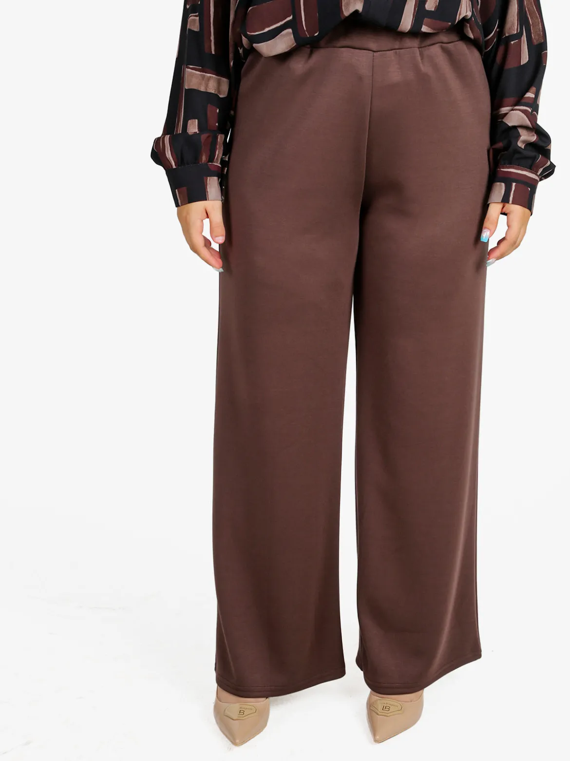 Miss E Co Pantaloni donna a gamba larga linea curvy - marrone