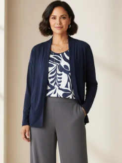 Miss E Co Set donna 2 pezzi con cardigan e t-shirt in viscosa con stampe linea curvy - blu scuro