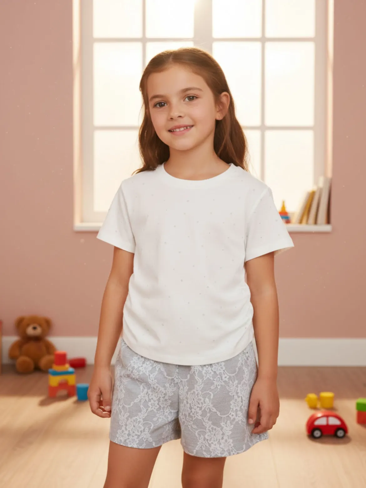 Miss Image Completo 2 pezzi da bambina con t-shirt e shorts ricamati - bianco
