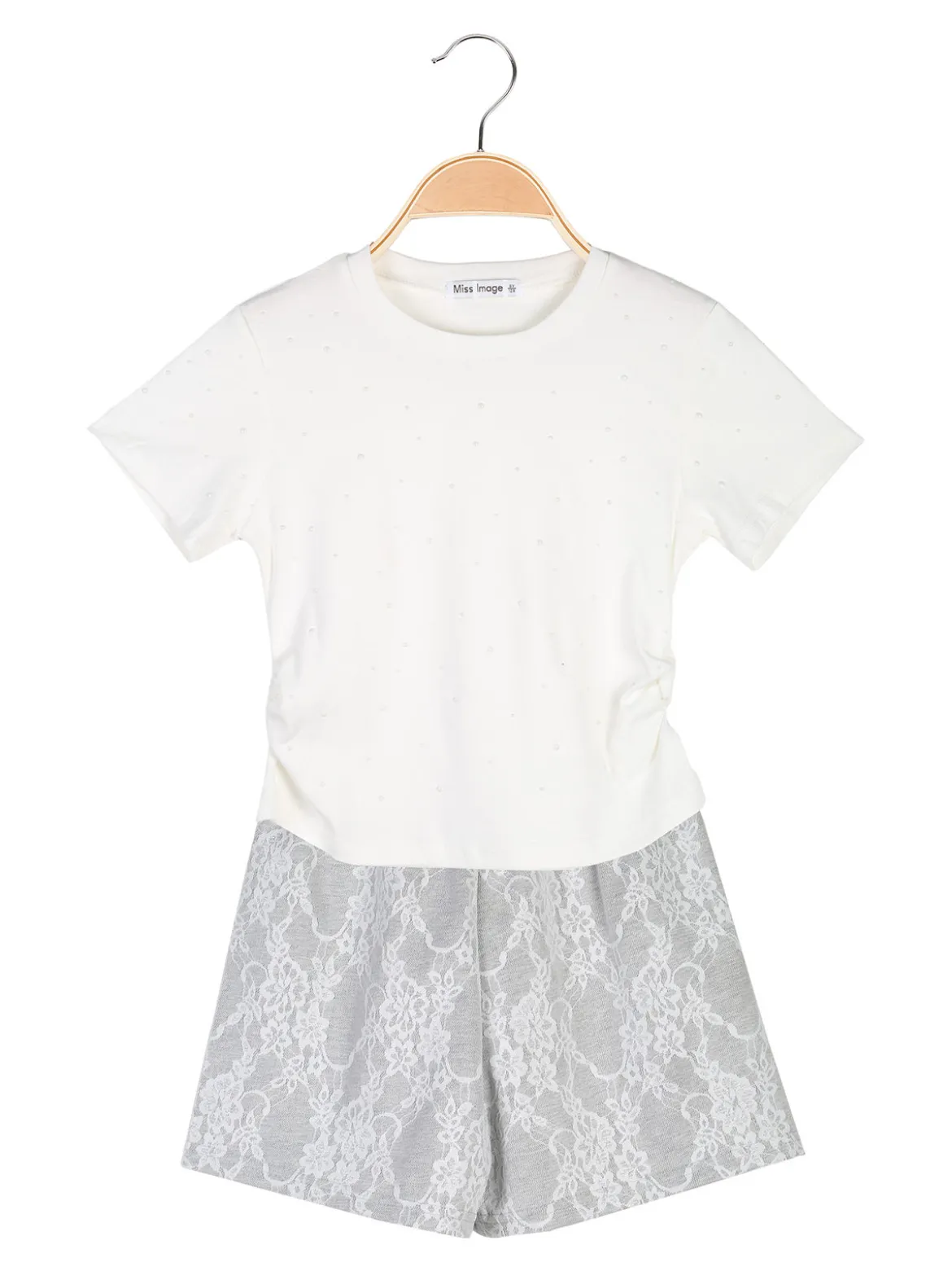 Miss Image Completo 2 pezzi da bambina con t-shirt e shorts ricamati - bianco