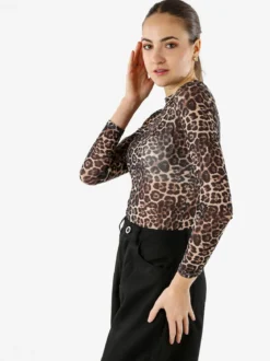 Miss Kimery Top body donna animalier a maniche lunghe - beige
