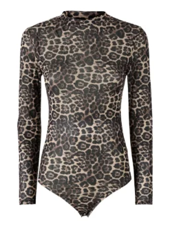Miss Kimery Top body donna animalier a maniche lunghe - beige