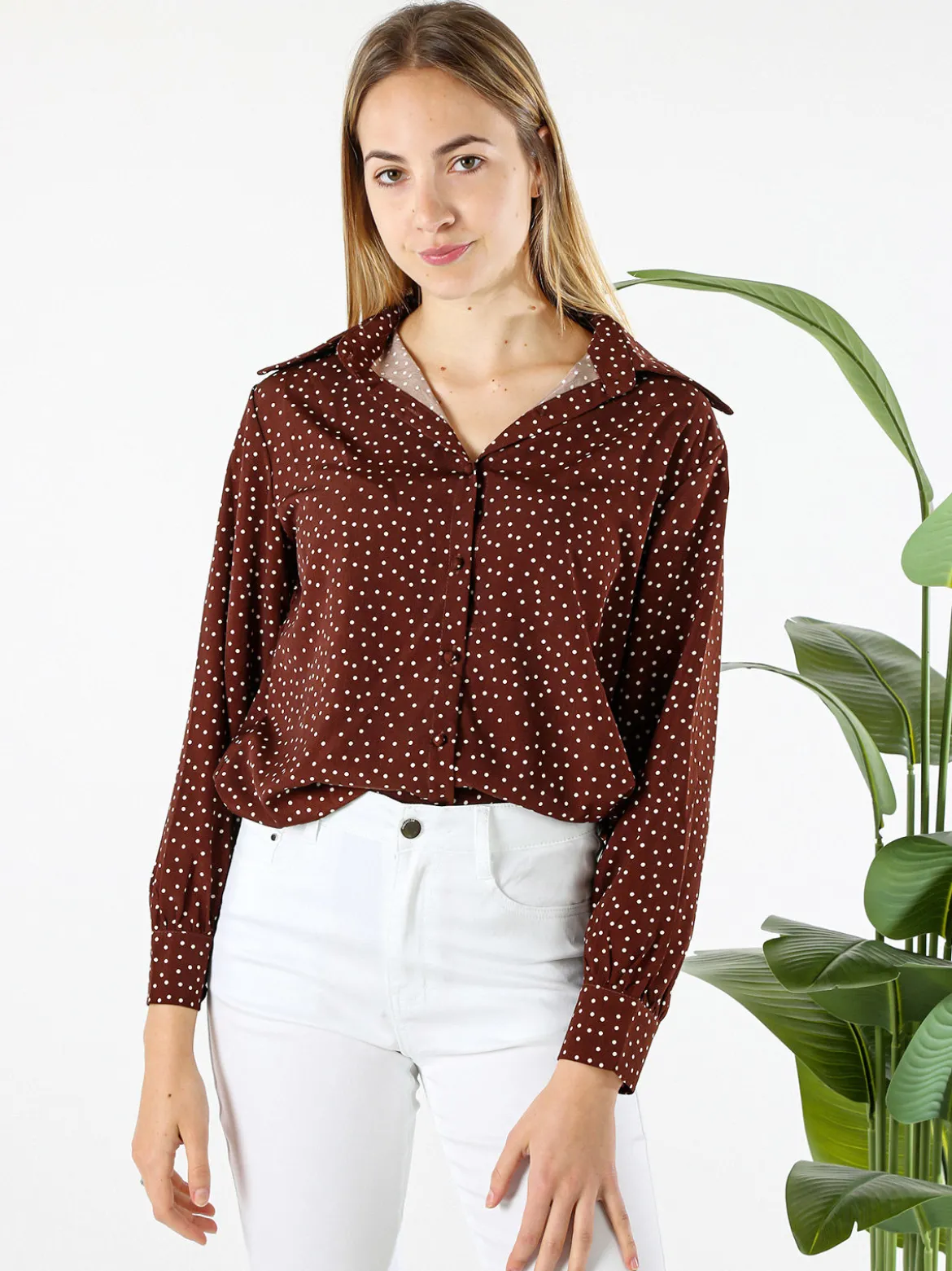 Monique Camicia donna a maniche lunghe con stampa a pois - marrone