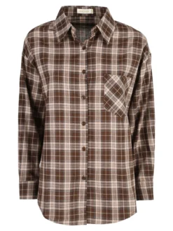 Monique Camicia donna oversize a quadri con taschino - marrone