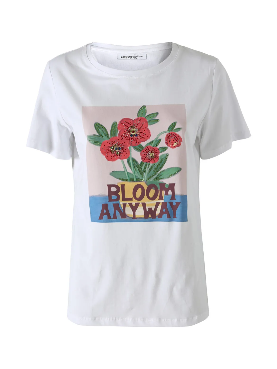 Monte Cervino T-shirt da donna in cotone con stampa fiori e strass - rosso