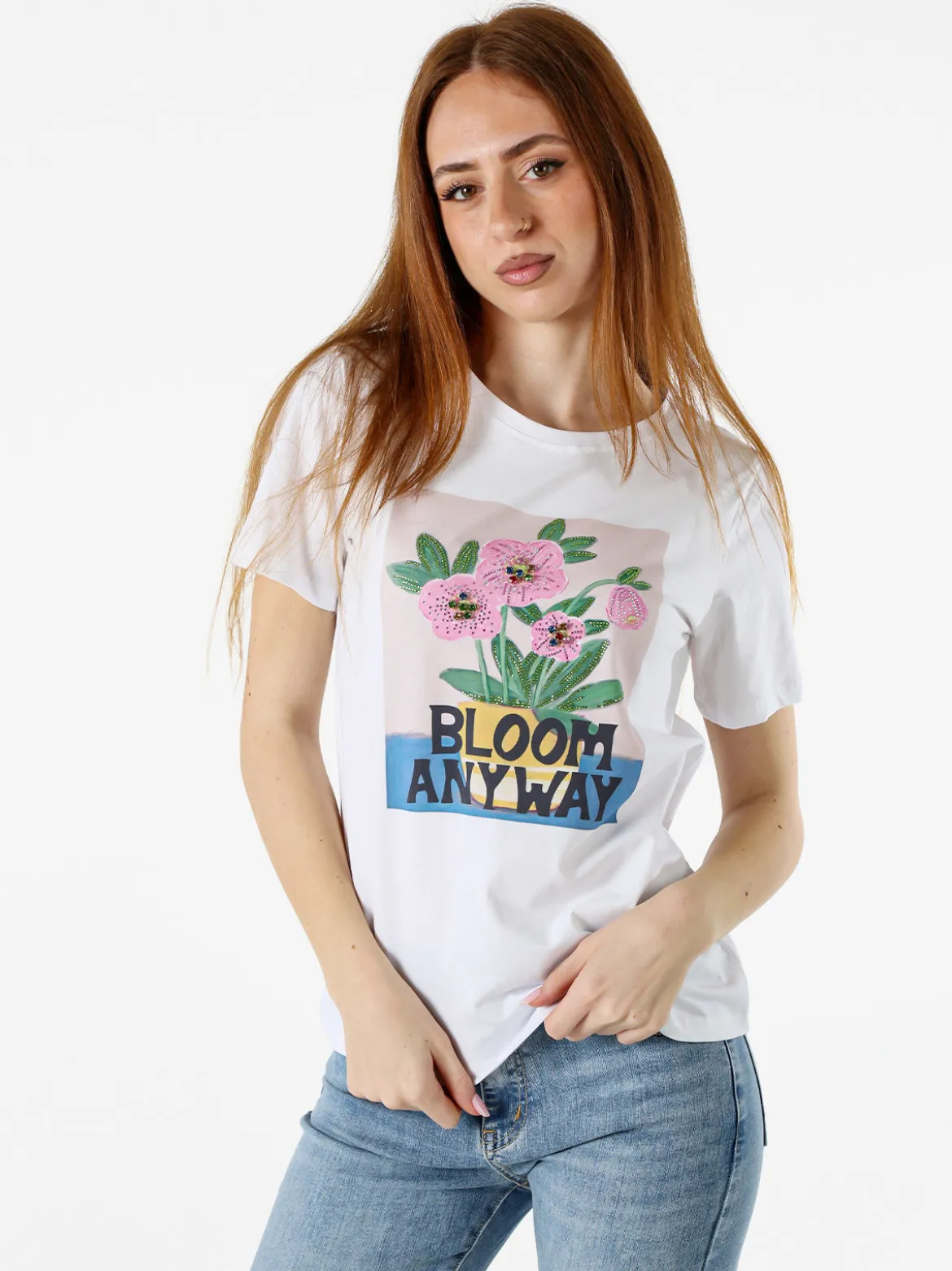 Monte Cervino T-shirt da donna in cotone con stampa fiori e strass - rosa