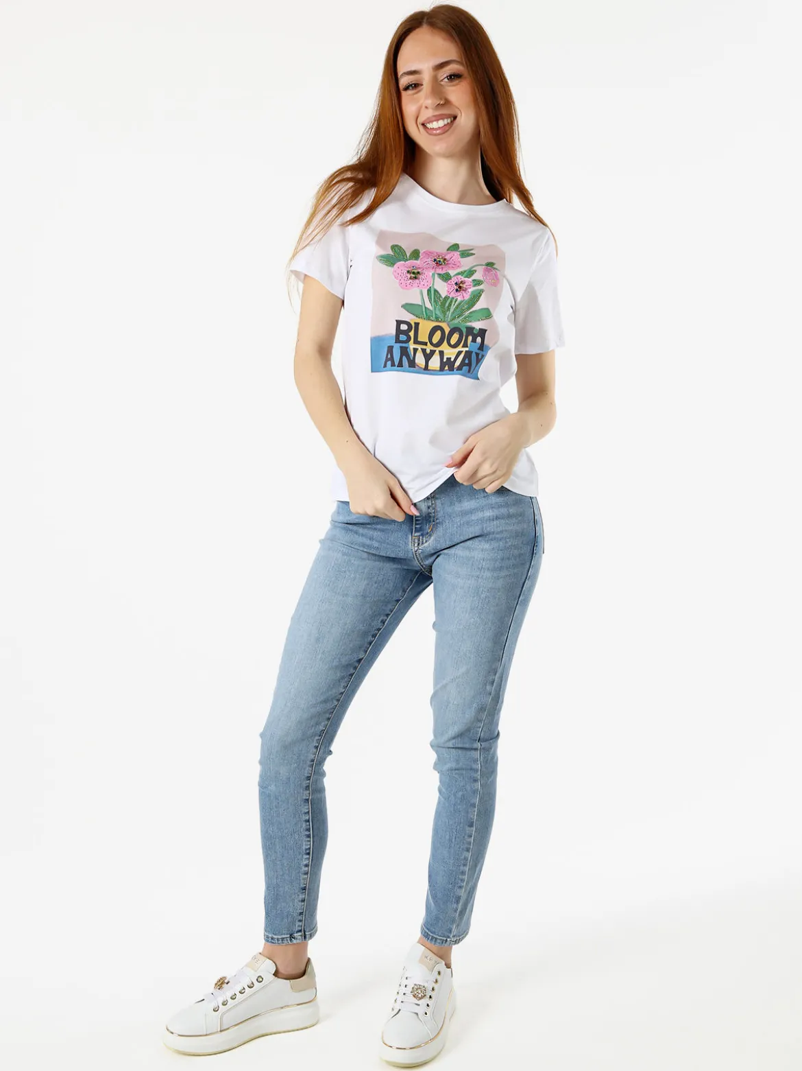 Monte Cervino T-shirt da donna in cotone con stampa fiori e strass - rosa