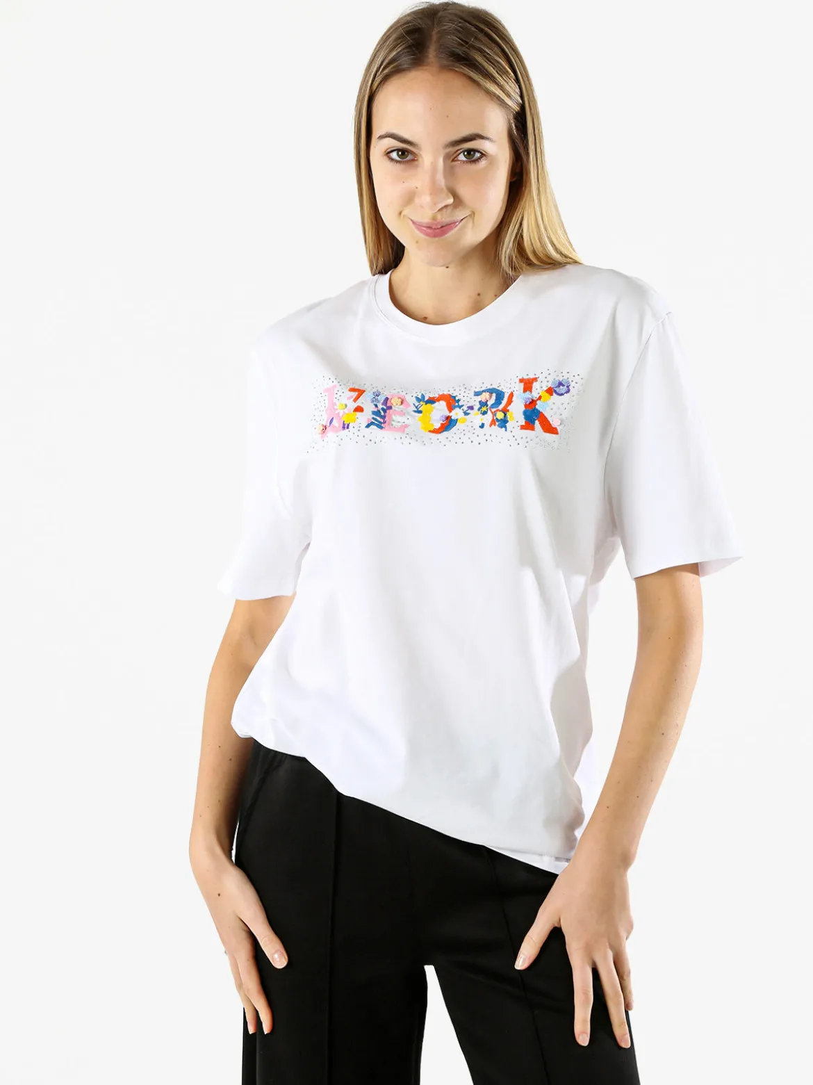 Monte Cervino T-shirt donna in cotone oversize con ricami e strass - rosa