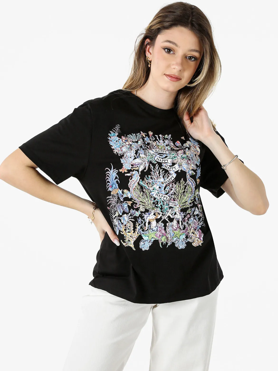 Monte Cervino T-shirt girocollo da donna in cotone con stampe e strass - nero