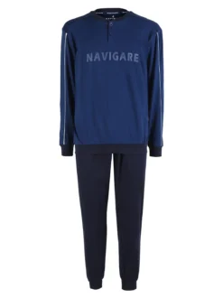Navigare Pigiama lungo da uomo in cotone interlock - blu scuro