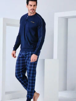 Navigare Pigiama lungo da uomo in cotone interlock - blu scuro