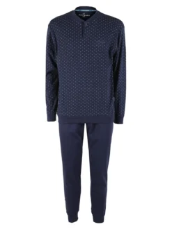 Navigare Pigiama lungo da uomo in cotone interlock con stampe - blu scuro