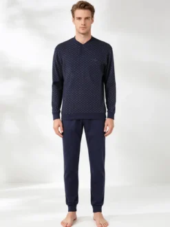 Navigare Pigiama lungo da uomo in cotone interlock con stampe - blu scuro
