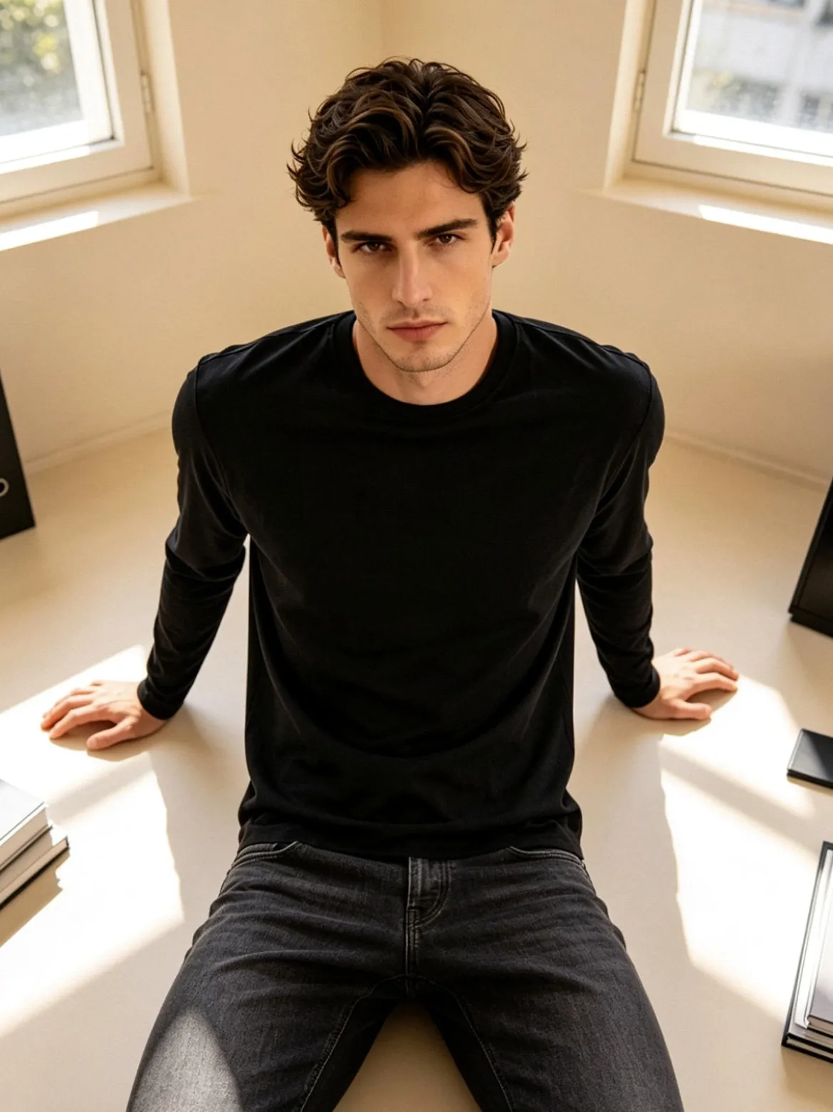 Navigare T-shirt intima da uomo a maniche lunghe in caldo cotone - nero