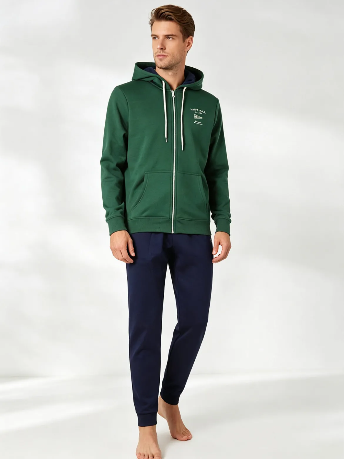 Navy Sail Completo tuta da uomo felpata con cappuccio e zip intera - verde