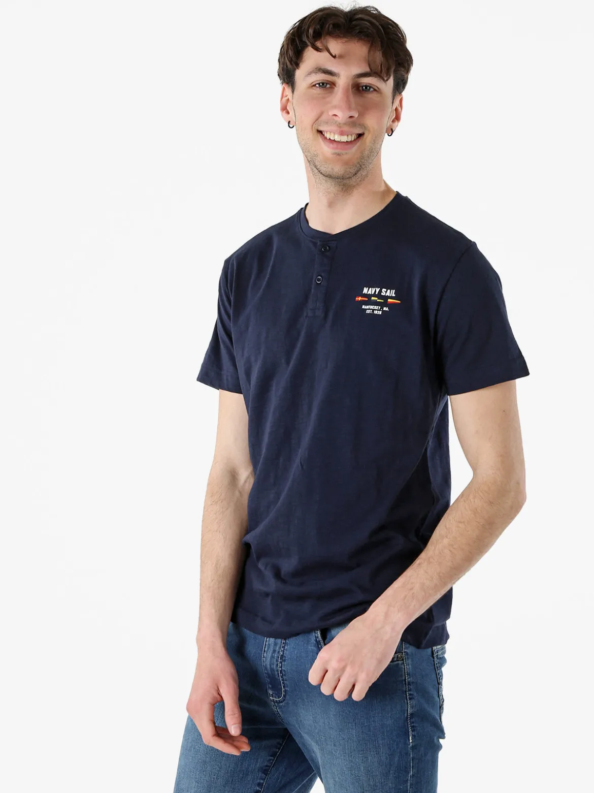 Navy Sail T-shirt da uomo in cotone con bottoni - blu scuro