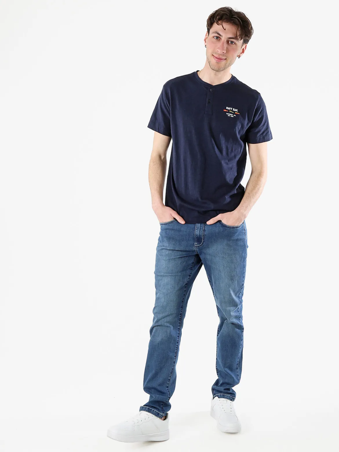 Navy Sail T-shirt da uomo in cotone con bottoni - blu scuro