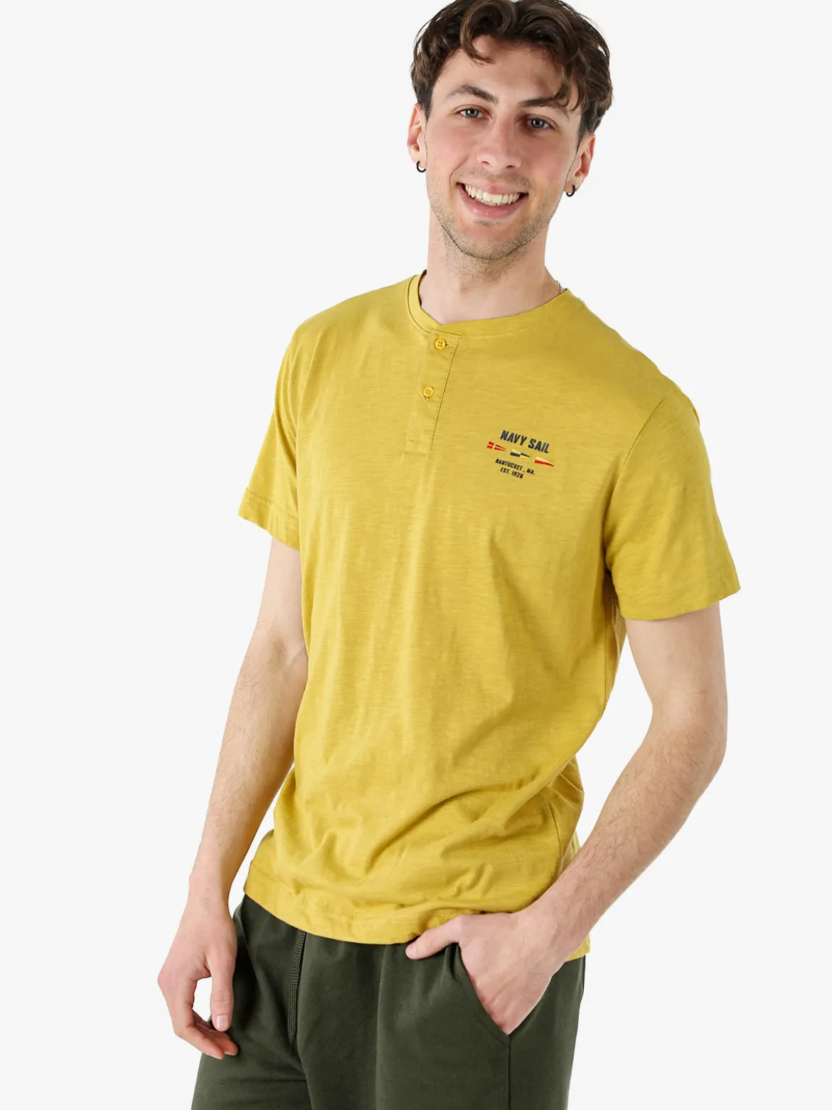 Navy Sail T-shirt da uomo in cotone con bottoni - senape