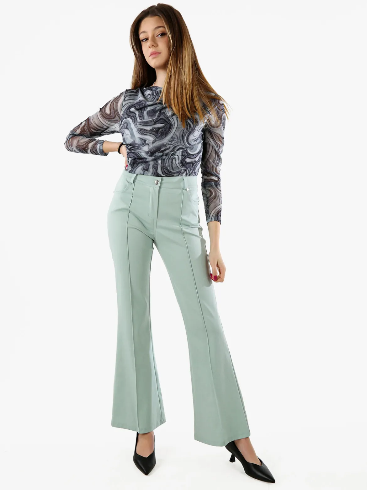 New Gj Pantaloni donna a zampa con cucitura centrale - acqua marina