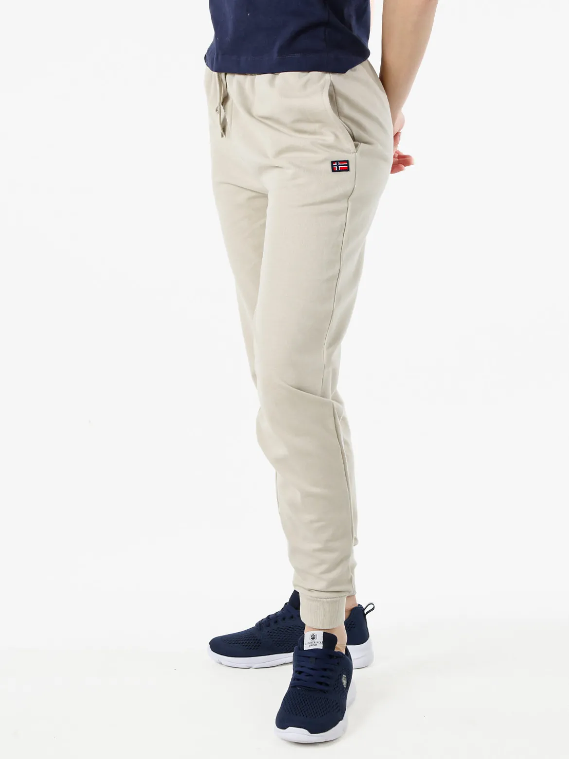 Norway Pantaloni tuta da donna in cotone con coulisse e polsini - beige