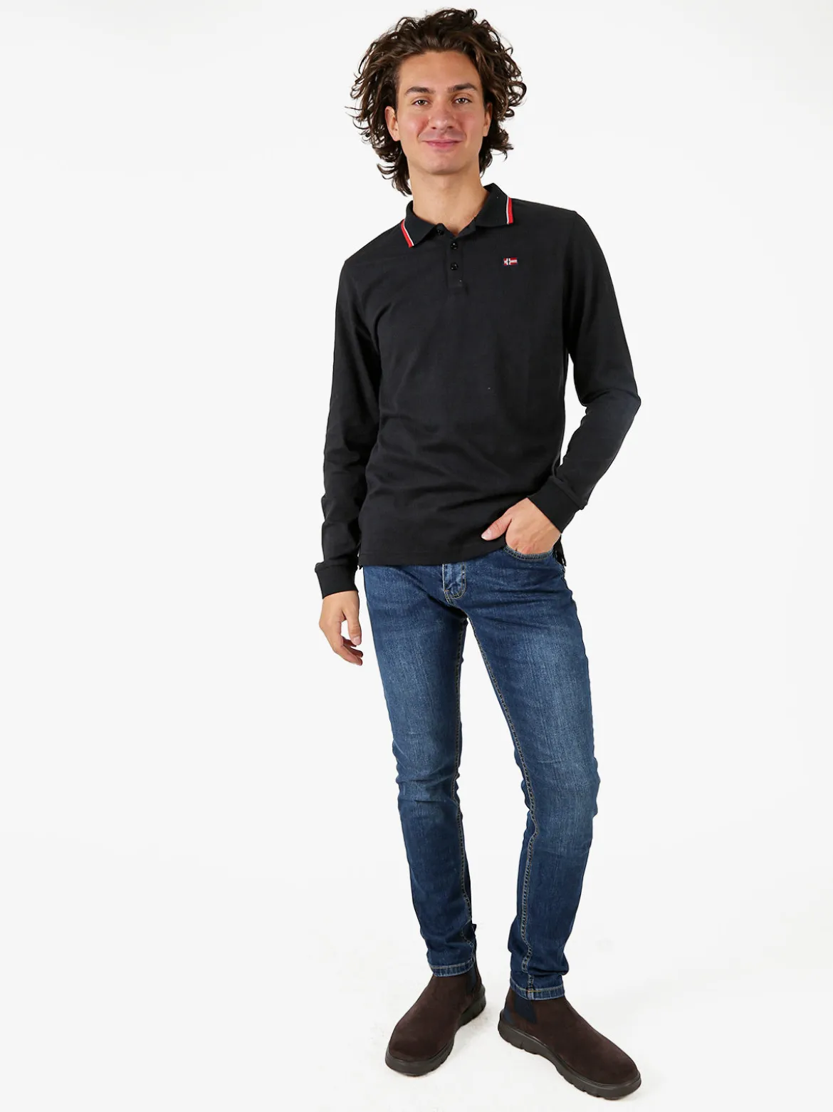 Norway Polo da uomo a maniche lunghe in cotone - nero