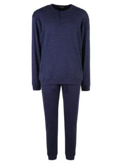 Nottingham Pigiama lungo da uomo in cotone interlock con stampe - blu scuro