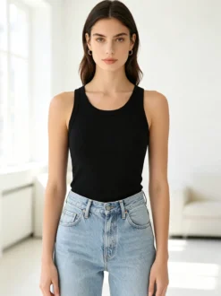 Peafowl Top girocollo da donna a costine - nero