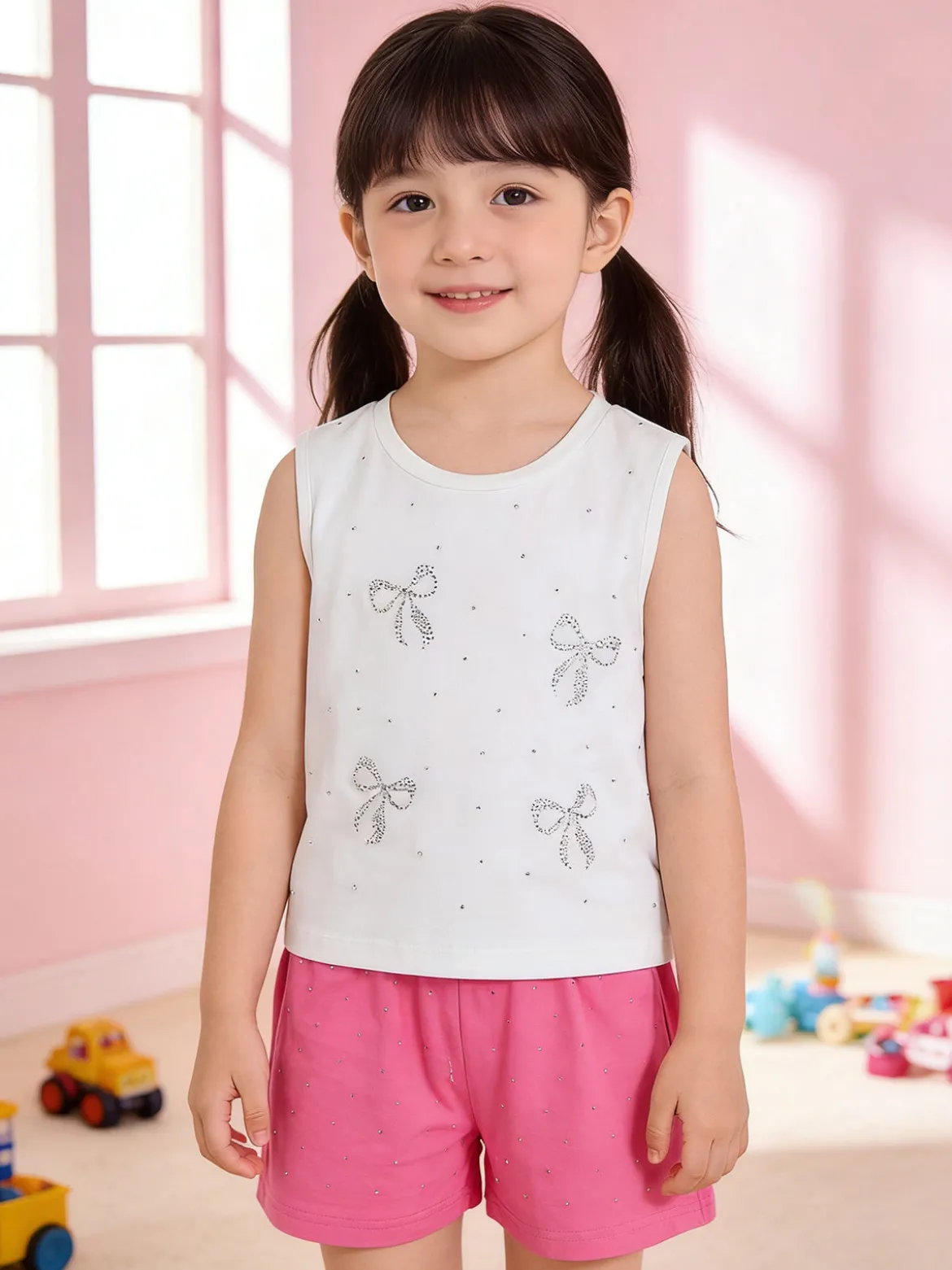 Pink Girl Completo corto da bambina 2 pezzi top e shorts con micro borchie - fucsia