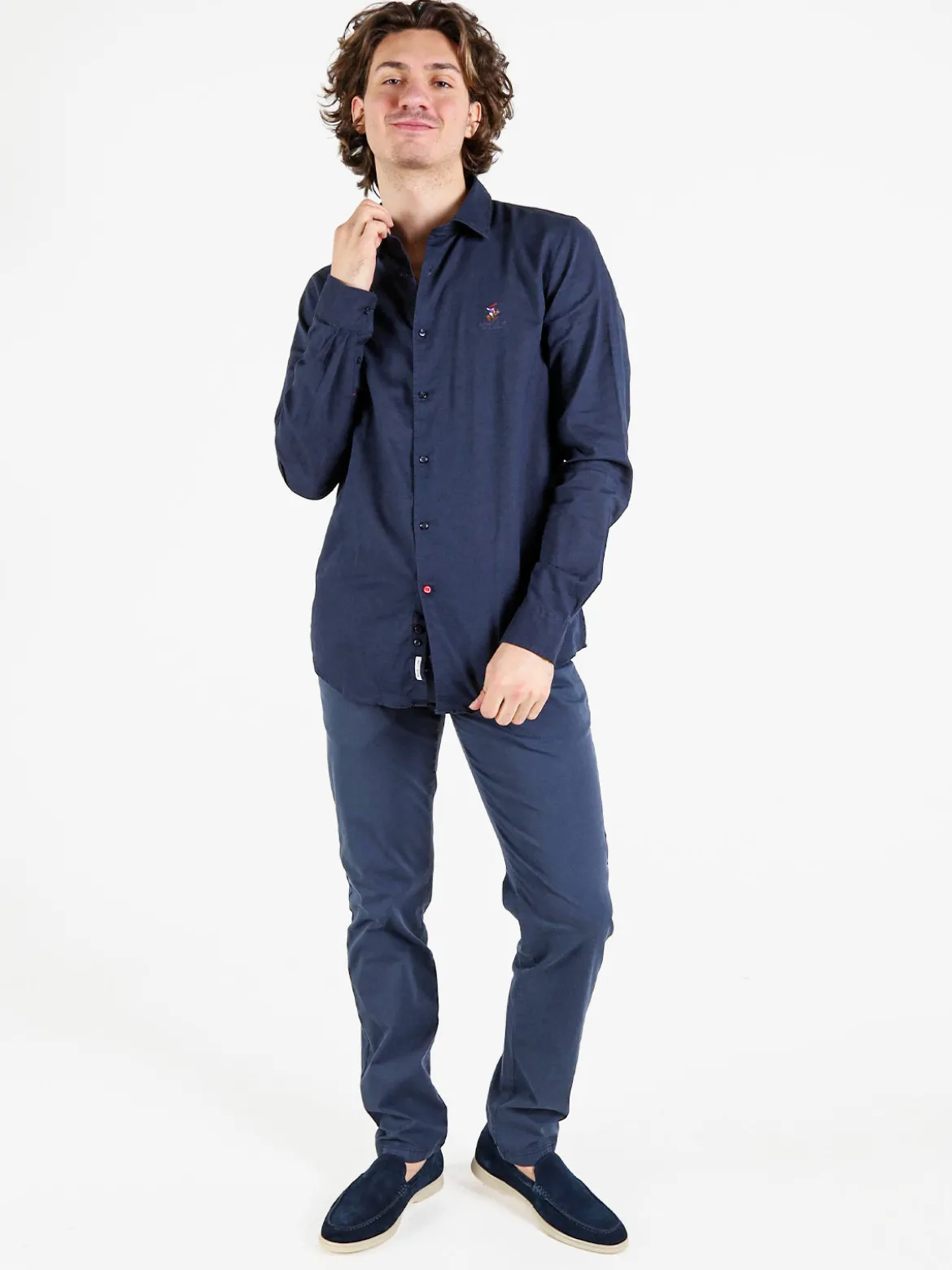 Polo Club Camicia da uomo in misto lino e cotone a maniche lunghe