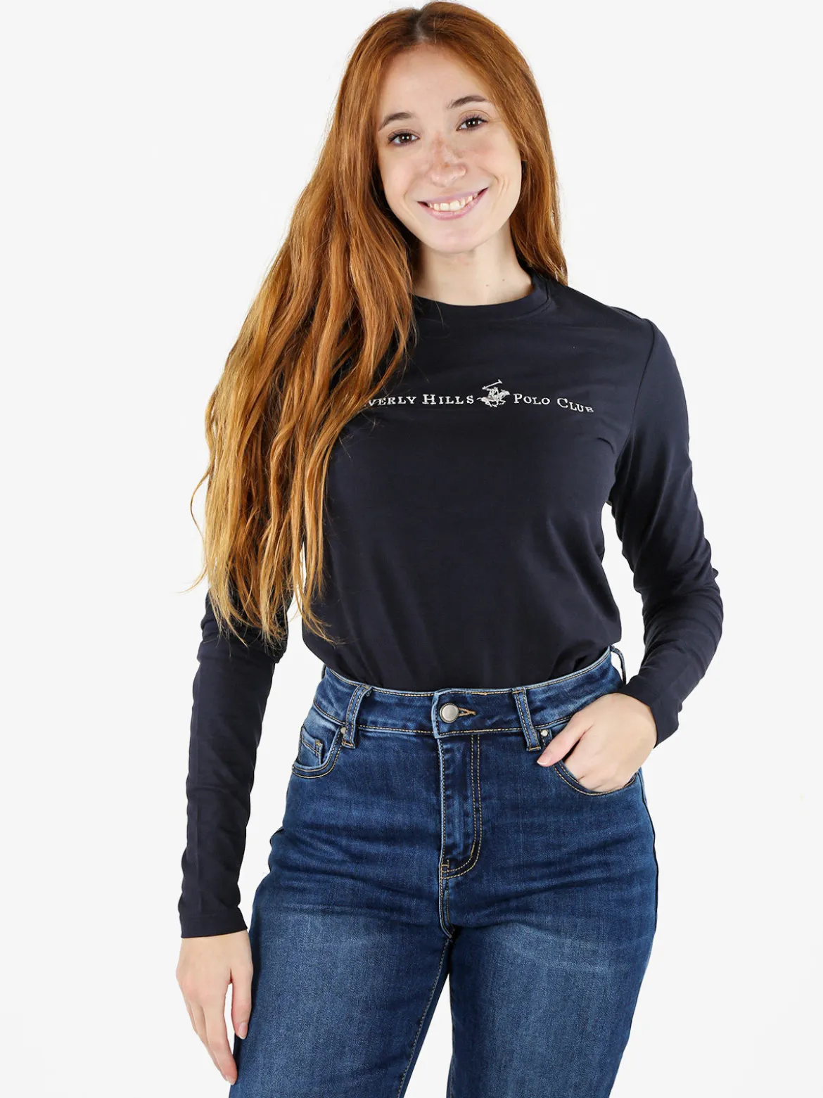 Polo Club T-shirt girocollo da donna a maniche lunghe in cotone - blu scuro