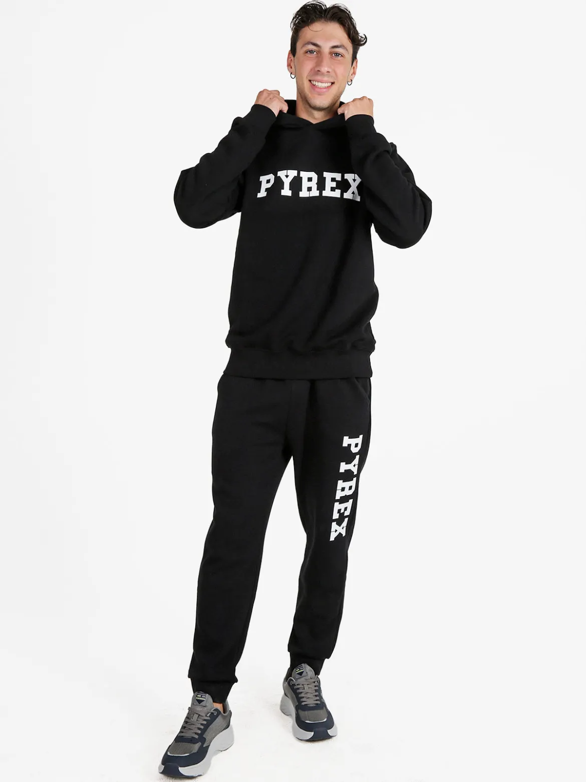 Pyrex Felpa da uomo in cotone con cappuccio e stampa logo - nero