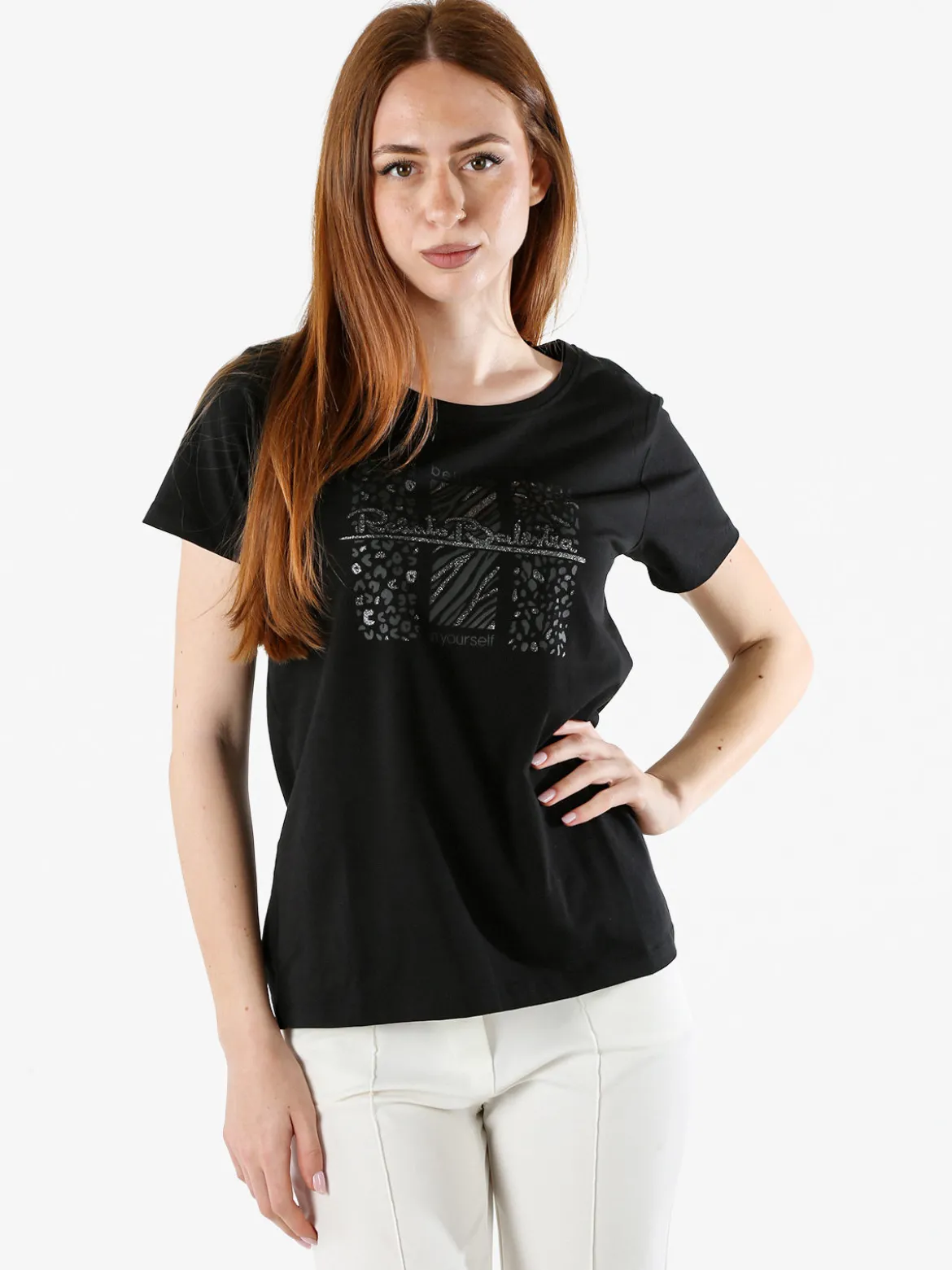 Renato Balestra T-shirt girocollo da donna in cotone con stampa e brillantini - nero