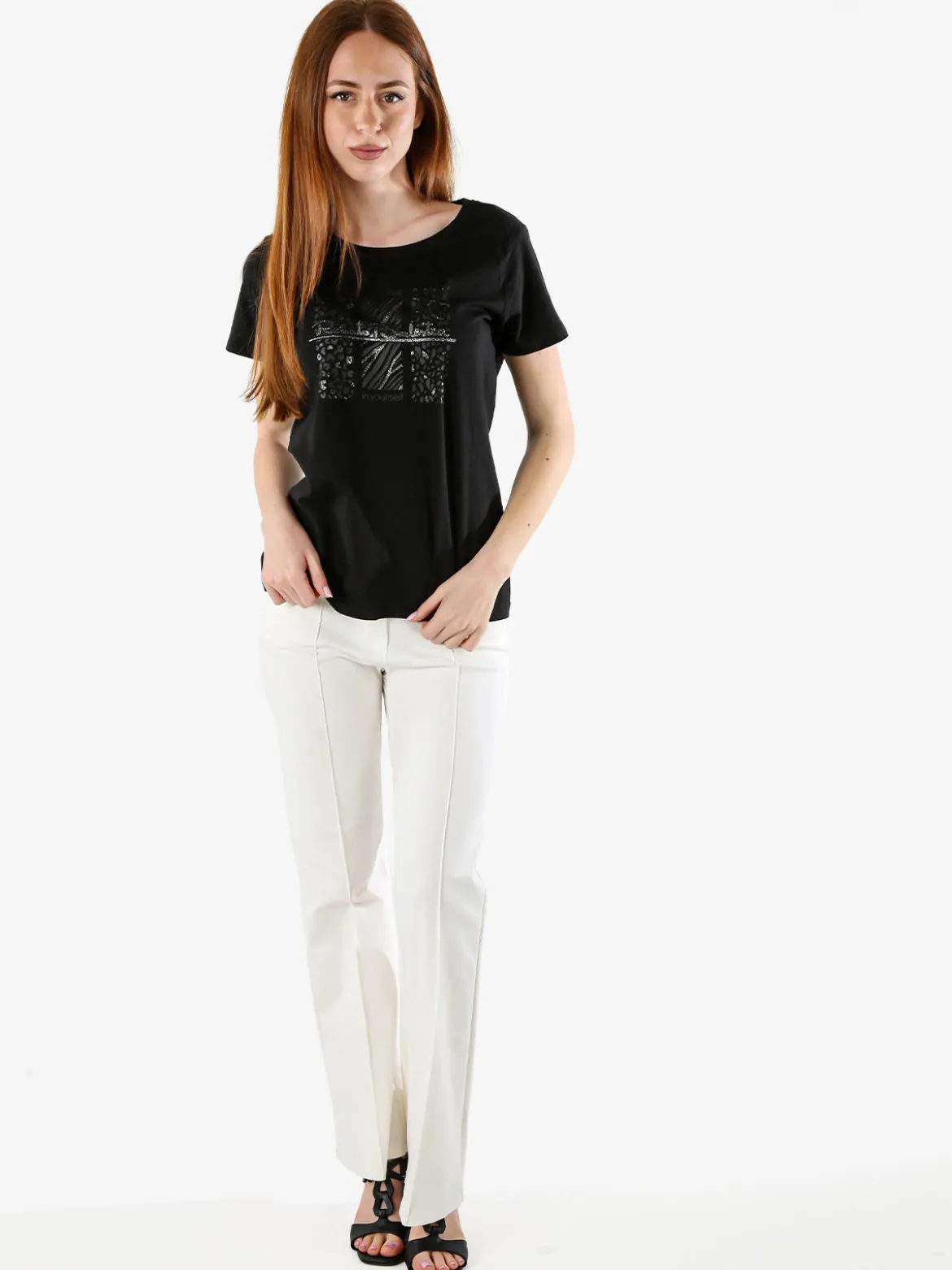 Renato Balestra T-shirt girocollo da donna in cotone con stampa e brillantini - nero