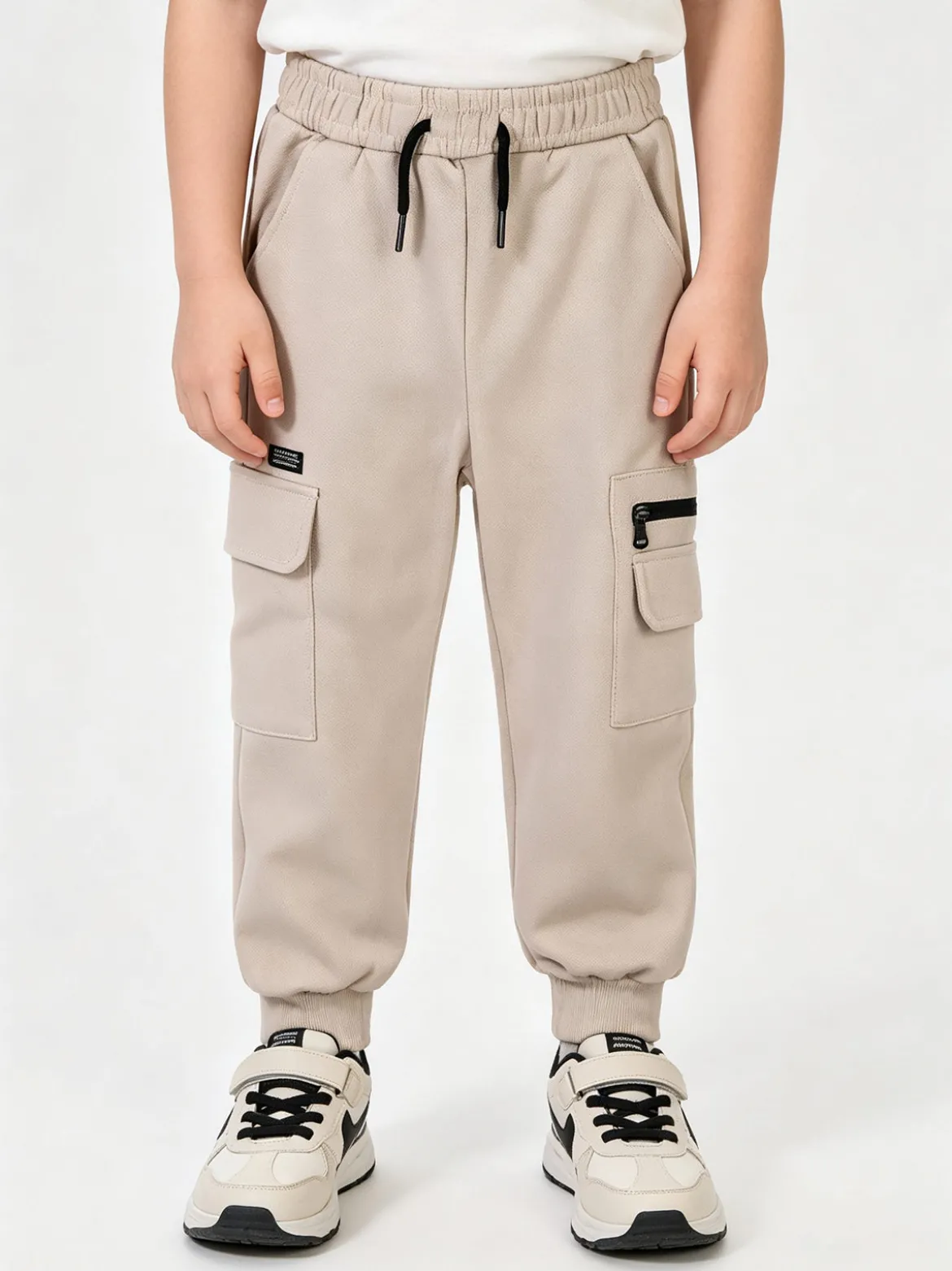 Re Panda Pantaloni cargo da bambino con polsini e interno felpato - beige