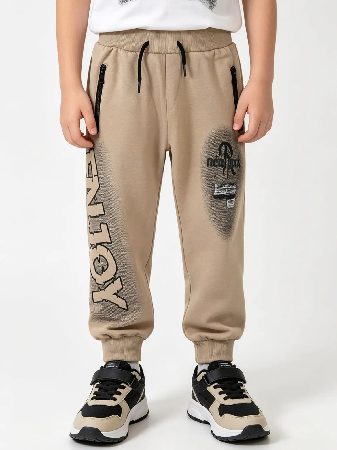Re Panda Pantaloni tuta da bambino con polsini e interno caldo - khaki