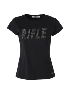 Rifle T-shirt girocollo da donna in cotone con micro borchie - nero