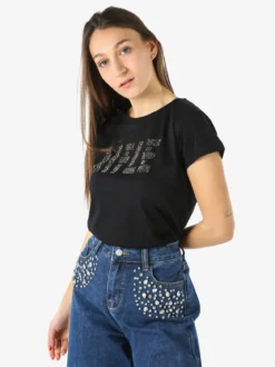 Rifle T-shirt girocollo da donna in cotone con micro borchie - nero