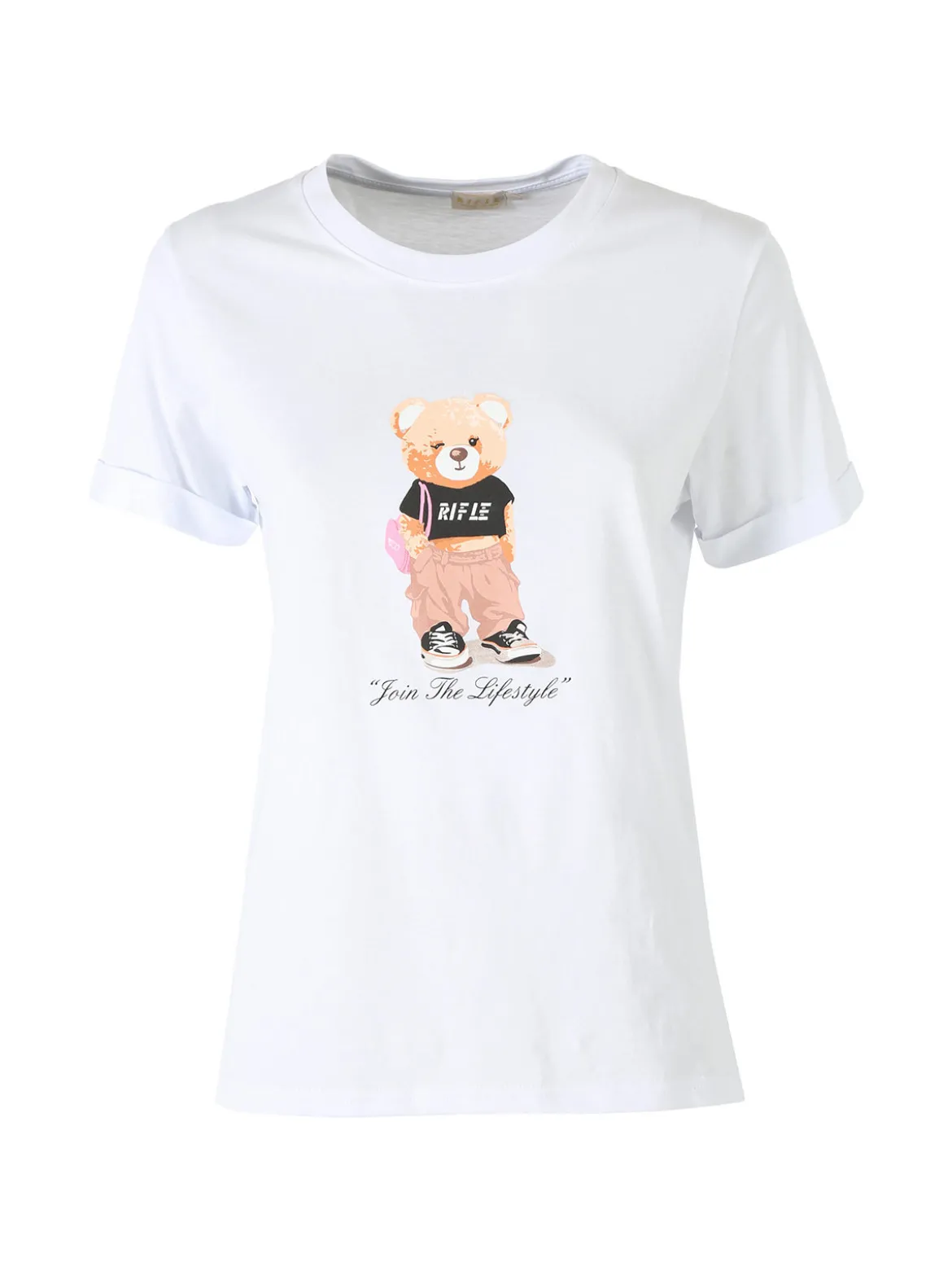 Rifle T-shirt girocollo da donna in cotone con stampa - bianco