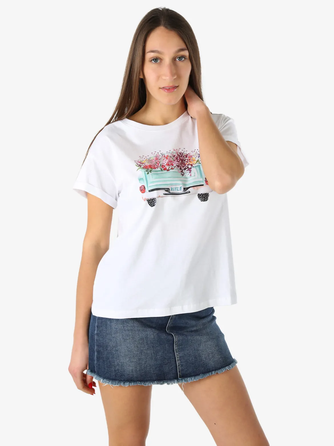 Rifle T-shirt girocollo da donna in cotone con stampa e strass - bianco
