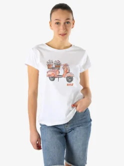 Rifle T-shirt girocollo da donna in cotone con stampe e strass - bianco