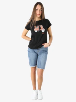 Rifle T-shirt girocollo da donna in cotone con stampe e strass - nero