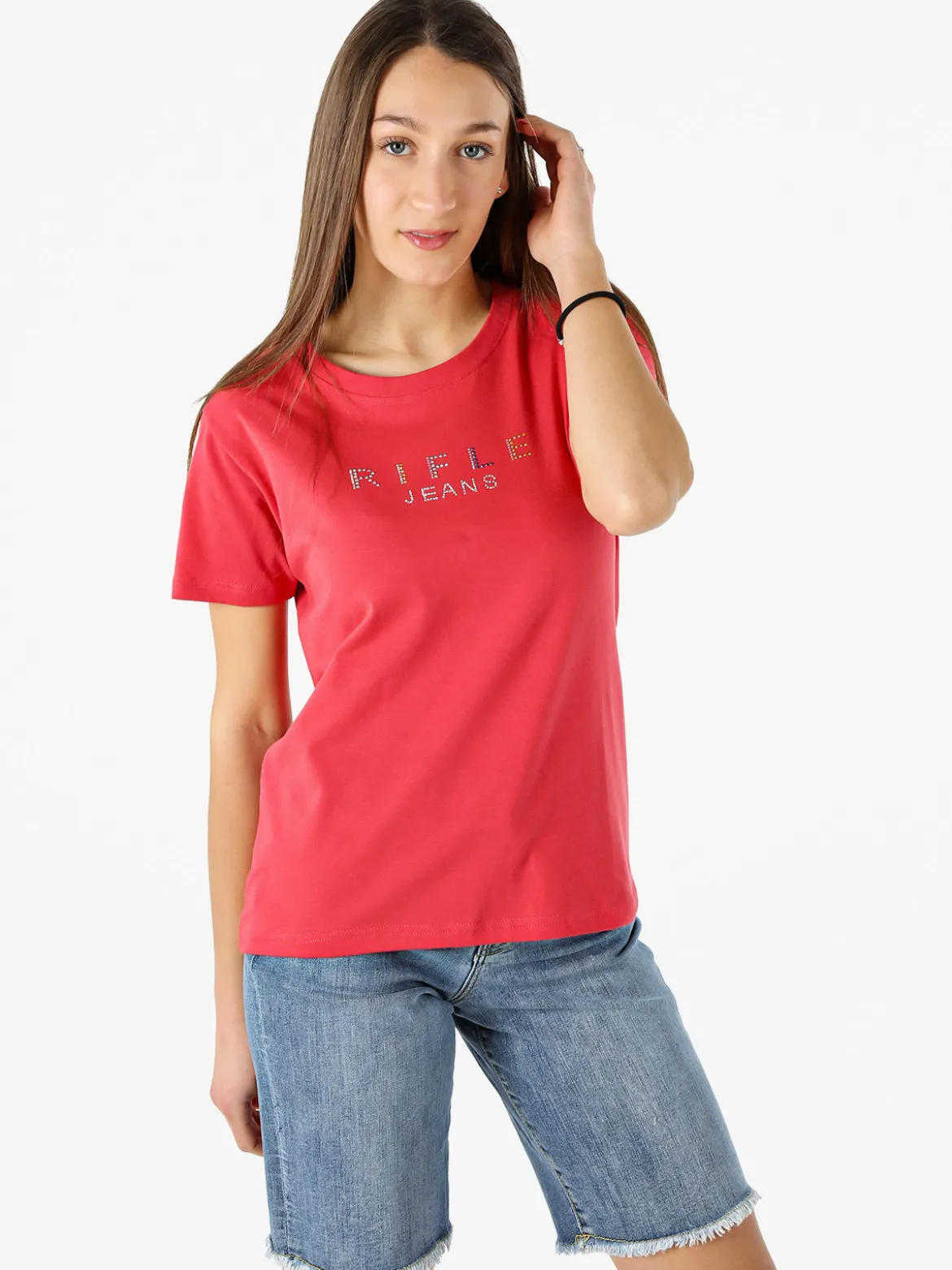 Rifle T-shirt girocollo da donna in cotone con strass - arancione